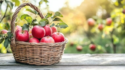 Fresh Apples in a Basket on Wooden Table