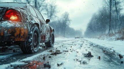 muddy car on snowy road in winter landscape