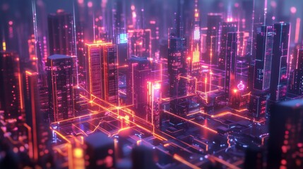 Fototapeta premium Futuristic Urban Skyline with Neon Lights and Digital Elements
