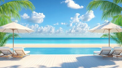 Obraz premium Tranquil Beachfront Paradise: Poolside Relaxation Under Palm Trees