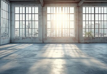Fototapeta premium An empty, large room with high ceilings and windows in an industrial building. 