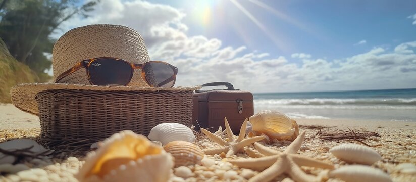 The background is the beach, with an open straw hat and sunglasses on top of it, and some shells and starfish lying next to them. In front stands a wicker suitcase with inside. The sun shines brightl.