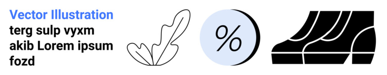 Leaf shape outline, percentage symbol in blue circle, and black shoes. Ideal for nature themes, retail discounts, footwear e-commerce, environmental campaigns, fashion, shopping sales, and marketing