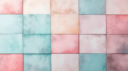 A vibrant wall displays an artful arrangement of pastel-colored panels in shades of pink, blue, and peach, creating a soothing and modern aesthetic.