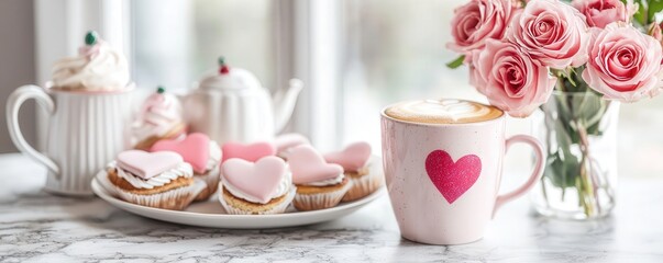 Valentine, Love. Delicious heart-shaped treats with tea and roses on a table.