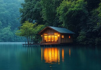 Fototapeta premium A small wooden house on the water, surrounded by lush green trees and reflecting light off the calm waters. 