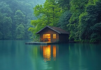 Fototapeta premium A small wooden house on the water, surrounded by lush green trees and reflecting light off the calm waters. 