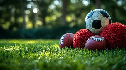 Obraz premium variety of sports equipment arranged on a green surface