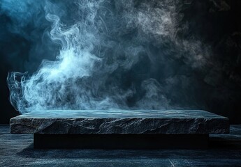 A stone table top with smoke in a dark room, against a dark blue and black background,