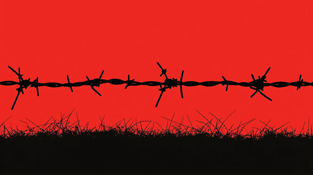 Dark silhouettes of barbed wire and grass create a stark contrast against a striking red background that suggests the themes of separation and restriction at dusk.
