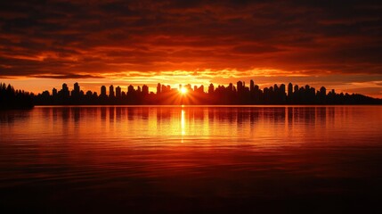 Fototapeta premium Fiery Sunset Over City Skyline Reflected In Calm Water
