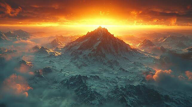 Snowy mountain peak at sunset above clouds, aerial view.