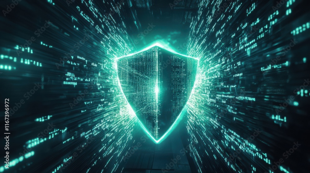 Poster digital cybersecurity concept with shield and data streams visual
