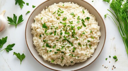 A top-down view of a beautifully plated risotto with fresh herbs