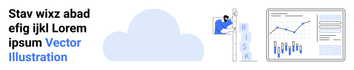 Cloud graphic, person stacking RISK blocks, data analytics chart with graphs and statistics. Ideal for cloud computing, risk management, data analysis, business intelligence, IT security, data