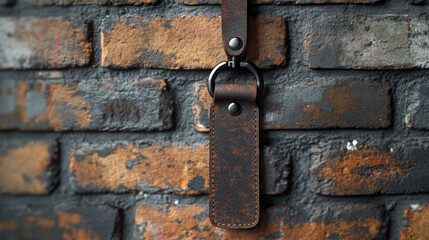 Rustic brown leather key chain against a dark brick wall. The texture of the leather and the brick create a visually appealing contrast.