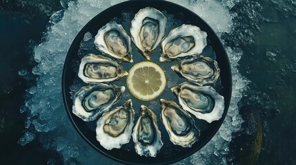 A top-down view of a platter of freshly shucked oysters served on ice