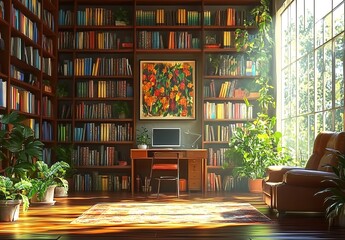 Obraz premium A large library with bookshelves filled with colorful books, an office desk and chair in the center of the room