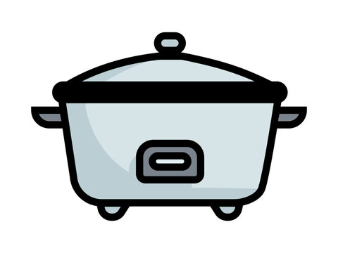 recommend clip art: Rice cooker icon. Woman hand pouring rice from measuring cup into Rice cooker isolated. Rice cooker household appliance icon.