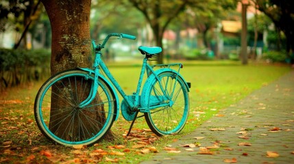 Fototapeta premium Vintage Teal Bicycle Leaned Against Tree In Autumn Park