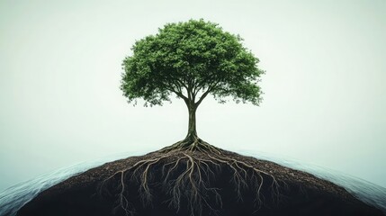 A tree with roots extending into various continents, symbolizing connection and growth