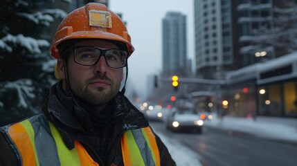 Obraz premium Construction Worker Stands In Snowy City Street