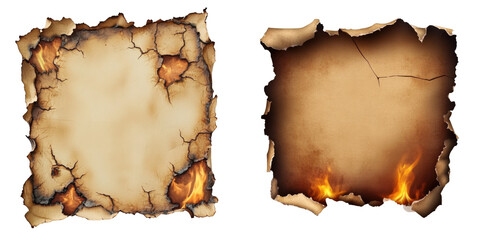 Two aged, burnt parchment pieces with charred edges and cracks, evoking a sense of antiquity and history.