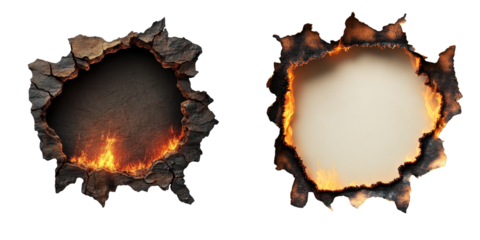 Two jagged holes framed by charred edges, one revealing fiery flames and the other a blank, light-colored space.