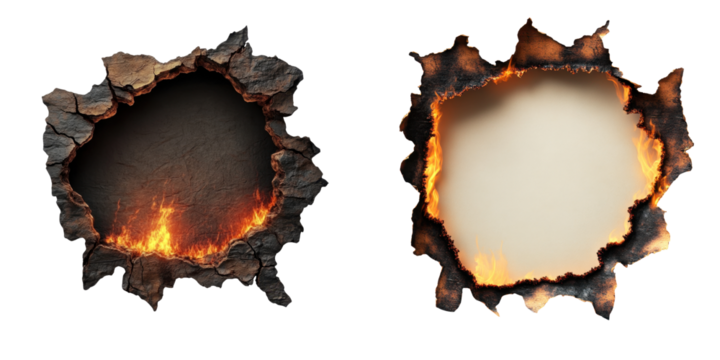 Two jagged holes framed by charred edges, one revealing fiery flames and the other a blank, light-colored space.