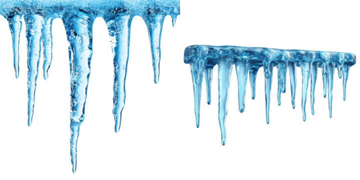 Icicles hang down, showcasing sharp, elongated shapes with a clear, icy blue hue.
