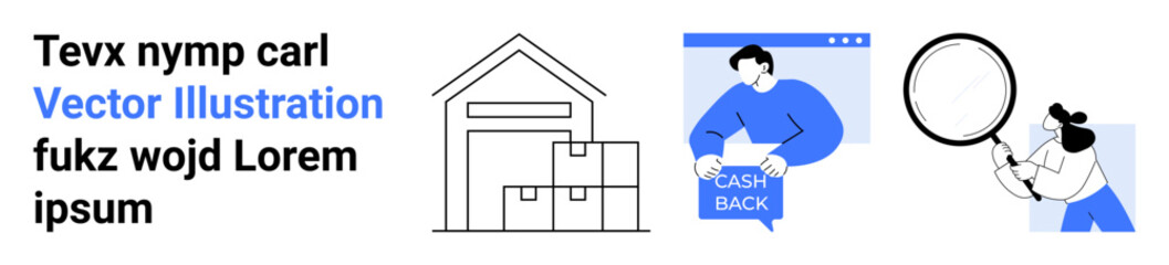 Text, warehouse, delivery boxes, cashback notification, magnifying glass, person searching. Ideal for logistics, e-commerce, marketing, research, cashback promotions, education, and web design