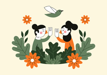 Doodle Sticker, Colorful Retro Illustration Vector, Hand Drawn Cute Flat Nature, Gardener In Funky Groovy Style. Cute Hippie Design Element Perfect for Banner, Print, and Stickers. Illustrator Artwork