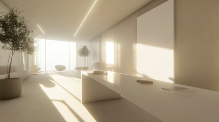 Fototapeta premium Modern Minimalist Office Space With Sunlight And Plants