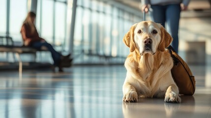 A service dog helping its owner navigate through an airport terminal