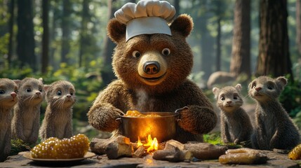 A bear in a chef's hat cooks in the forest, surrounded by curious animals.