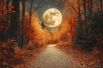 Fototapeta premium moonlit pathway winding through vibrant autumn trees soft illumination filtering through branches creating a tranquil atmosphere with fallen leaves scattered on the ground