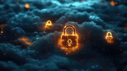 A set of glowing padlocks floating over digital clouds, symbolizing secure storage