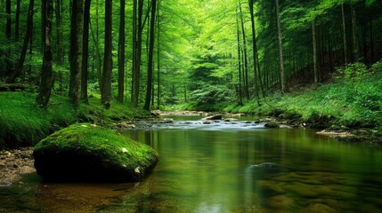 Obraz premium Serene forest stream flows gently through lush green trees