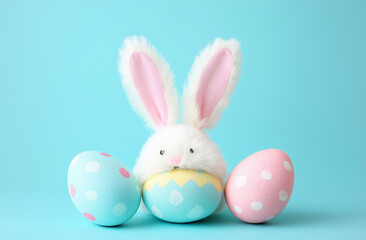 Obraz premium Easter banner with colorful eggs, bunny ears, and a pastel blue background