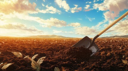 A shovel full of rich compost being spread over dry land