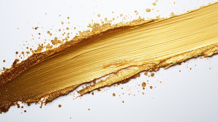 A bold brushstroke of shimmering gold paint stretches across a white surface, with flecks of gold glitter creating a dynamic and luxurious effect in the artwork.