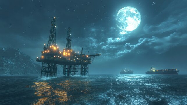 Night scene ofn oil rig illuminated by the moon