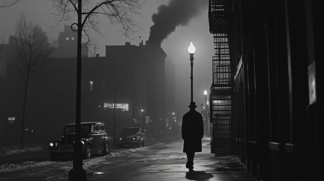 Fototapeta Night Stroll in a Foggy City: A Black and White Photographic Masterpiece