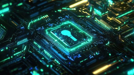 Fototapeta premium Digital Security Concept with Keyhole on Circuit Board Background