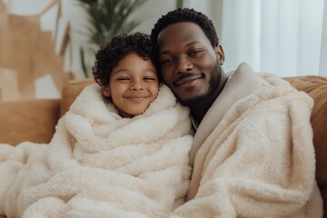 Obraz premium A warm moment shared between a father and child, wrapped in fuzzy blankets, creating cozy home ideas in the inviting interior of their house.
