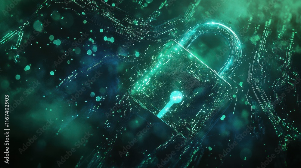 Poster digital security concept with lock and abstract data background