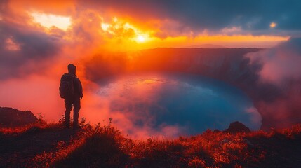 Hiker Silhouetted Against Volcanic Lake Sunrise
