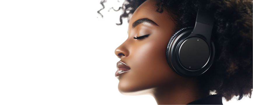 A woman enjoying music with headphones, lost in her thoughts.