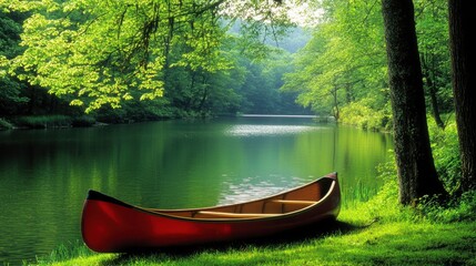 Fototapeta premium Red Canoe Resting by Serene Green Riverbank