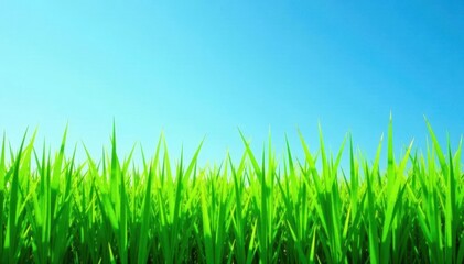 Vibrant green grass tufts against a clear azure sky , spectacular, serene, vista